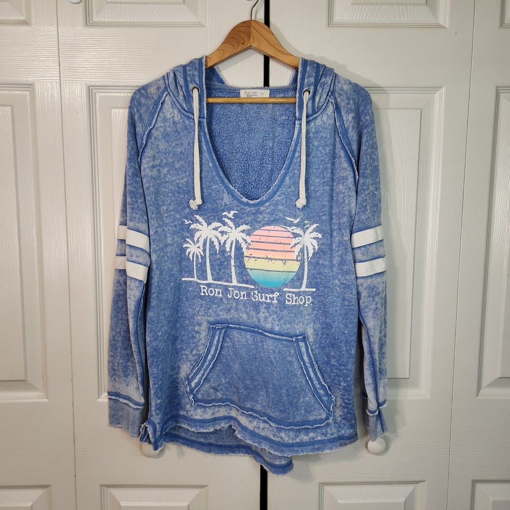 Ron Jon Surf Shop Blue Acid Wash V-Neck Graphic Hoodie Medium Beach Coastal Cozy